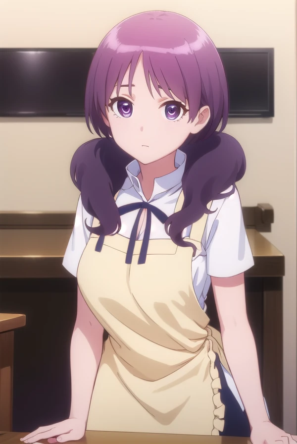 shihokamakura, <lora:shiho kamakura s1-lora-nochekaiser:1>,
shiho kamakura, long hair, twintails, purple hair, (purple eyes:1.1),
BREAK apron, waitress,
BREAK indoors, restaurant,
BREAK looking at viewer, (cowboy shot:1.5),
BREAK <lyco:GoodHands-beta2:1>, (masterpiece:1.2), best quality, high resolution, unity 8k wallpaper, (illustration:0.8), (beautiful detailed eyes:1.6), extremely detailed face, perfect lighting, extremely detailed CG, (perfect hands, perfect anatomy),