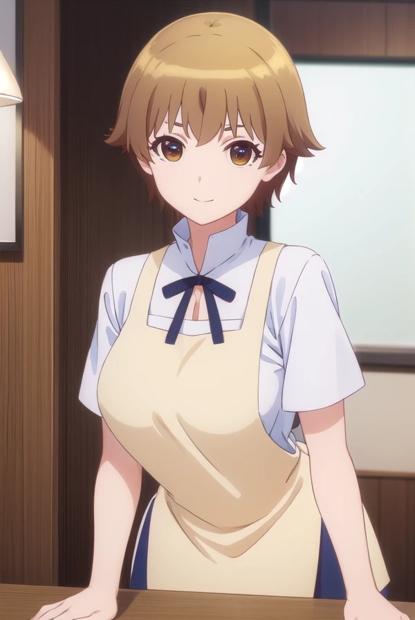 hanamiyakoshi, <lora:hana miyakoshi s1-lora-nochekaiser:1>,
hana miyakoshi, short hair, brown hair, (brown eyes:1.3), smile,
BREAK apron, waitress,
BREAK indoors, restaurant,
BREAK looking at viewer, (cowboy shot:1.5),
BREAK <lyco:GoodHands-beta2:1>, (masterpiece:1.2), best quality, high resolution, unity 8k wallpaper, (illustration:0.8), (beautiful detailed eyes:1.6), extremely detailed face, perfect lighting, extremely detailed CG, (perfect hands, perfect anatomy),