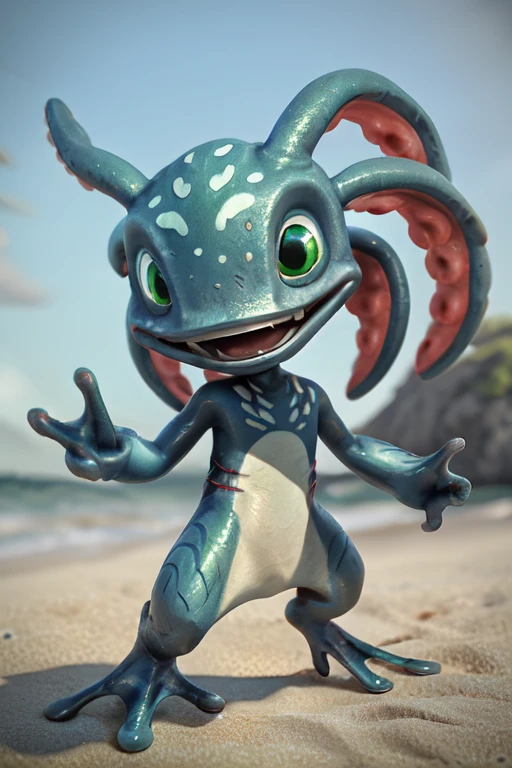 (((masterpiece, best quality))), (3d \(artwork\):1.1), (unreal engine:1.1), 8k, (intricate:0.8), (high detail:1.1), depth of field, complex background, BREAK fizz_lol, solo, full body, (tentacle_hair:1.1), open mouth, gills, webbed feet, webbed fingers, BREAK smooth skin, standing, beach <lora:Fizzv5:0.8>