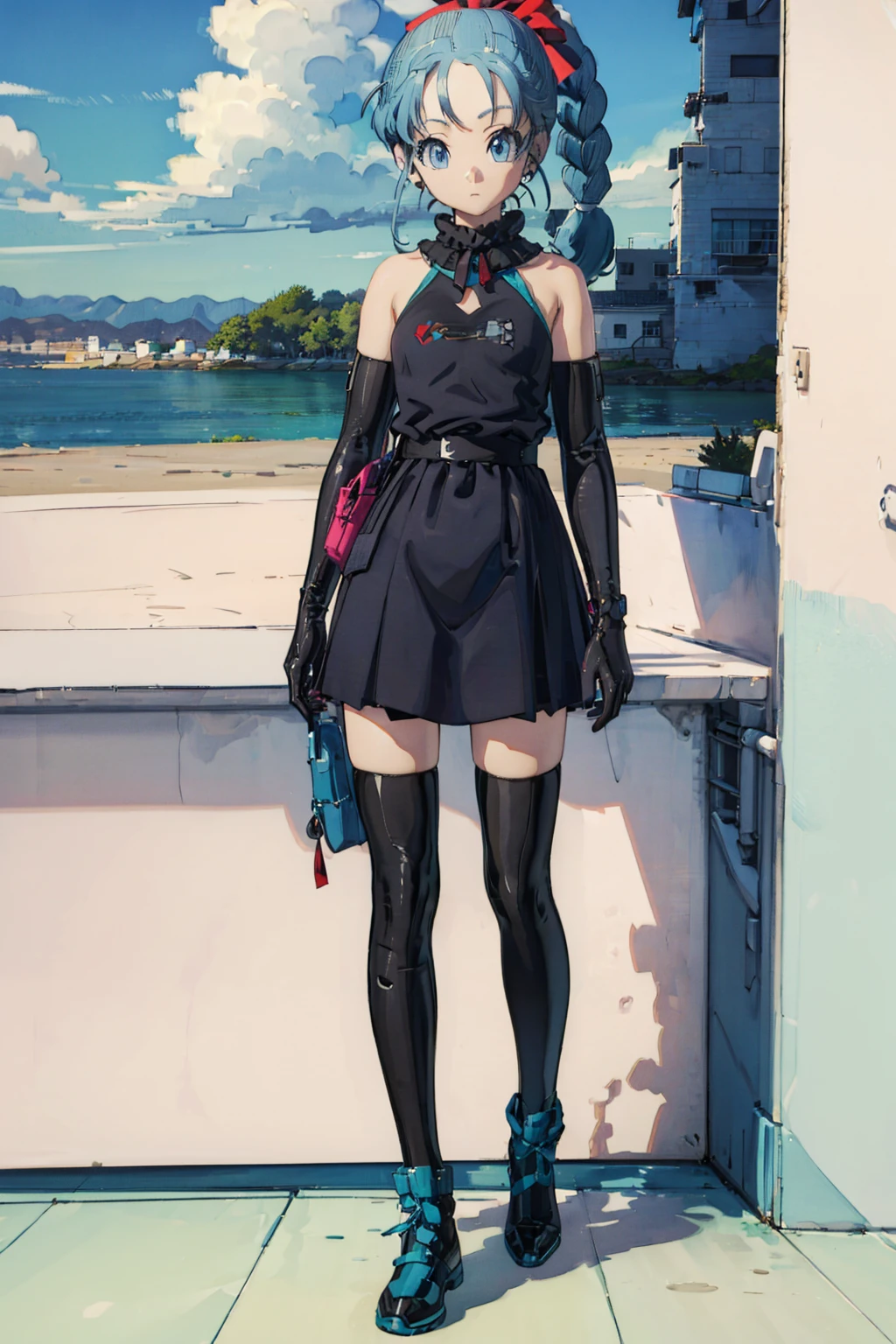 1girl,solo,full body,looking at viewer,(black dress:1.2),<lora:GhostRule_v2.0:0.6 >,neck ribbon,elbow gloves,black gloves,black thighhighs,angry,in summer,sea,beach,cowboy_shot,<lora:Better light:0.8>,<lora:bulma_v1>,dragon ball,blmpony,aqua hair,(hair ribbon:1.2),(braided ponytail:1.3),medium breasts,, masterpiece,best quality,highres,ultra high res,(abstract art:1.2),2d,(highlydetailed),(colorful),(intenseexpression),(fashionable),