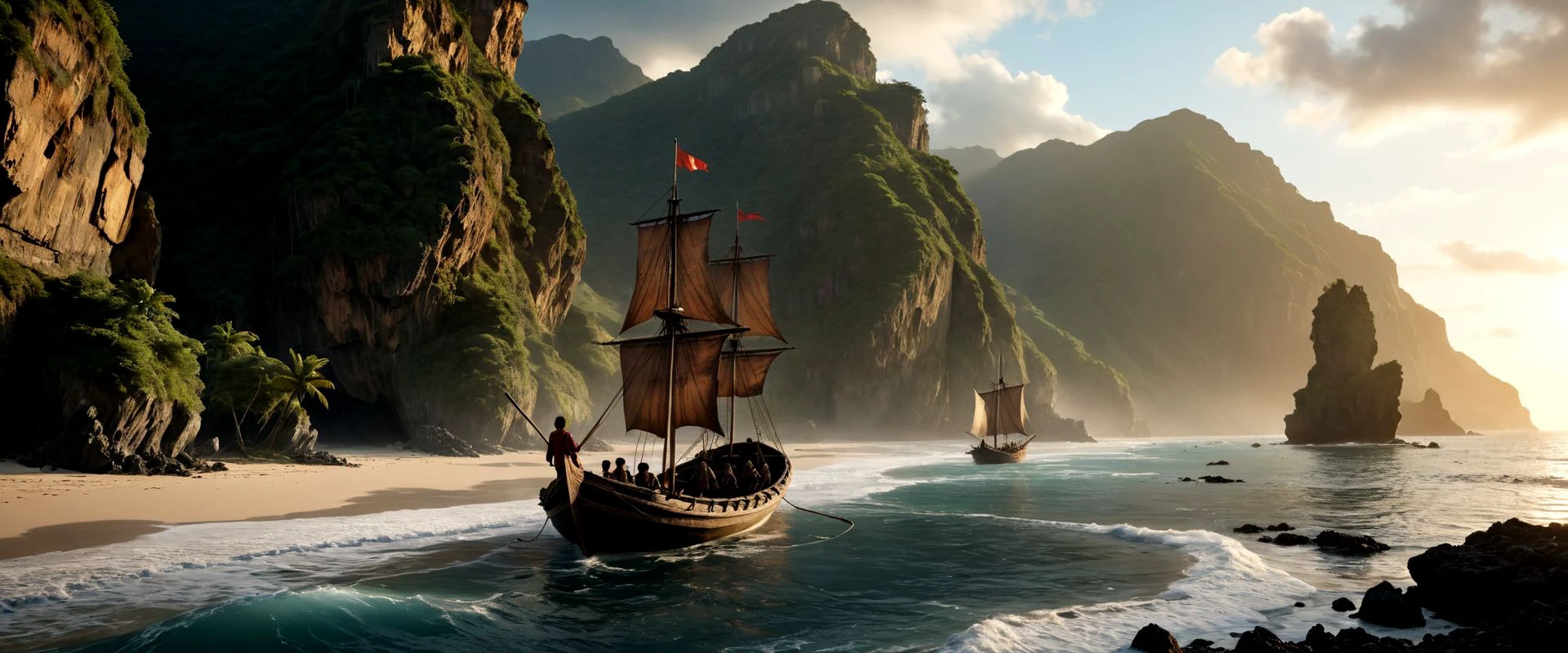 movie still photography of Spanish explorers( approaching the beach in a rowing boat:1.5), looking at an ultra realistic stranded and broken sailing ship, marco polo, christophe colomb, bay closed during storm, nervous crew in action, cliffs close by, debris floating all around, black coastline in background, coconut palms, intense surrounding vegetation,  large waves, dramatic lighting, pale dark sunrise, cinematic moonlight, beaten, low angle, artstation trend, 4k, hyper realistic, focused, extreme detail, unreal engine 5, cinematic, masterpiece, art by studio ghibli, complex artwork by john william turner, matte painting, concept art
