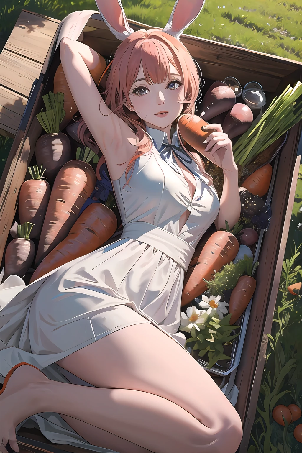 solo, masterpiece, hires,high resolution,best quality,1girl, mature female,sweate ,in box, in container, insidebox, boxrelaxed, inside wooden box, box with (carrots:1.2), rabbit ears, lying, garden, outdoors, dress
<lora:insidebox v1.1:0.7>, from above