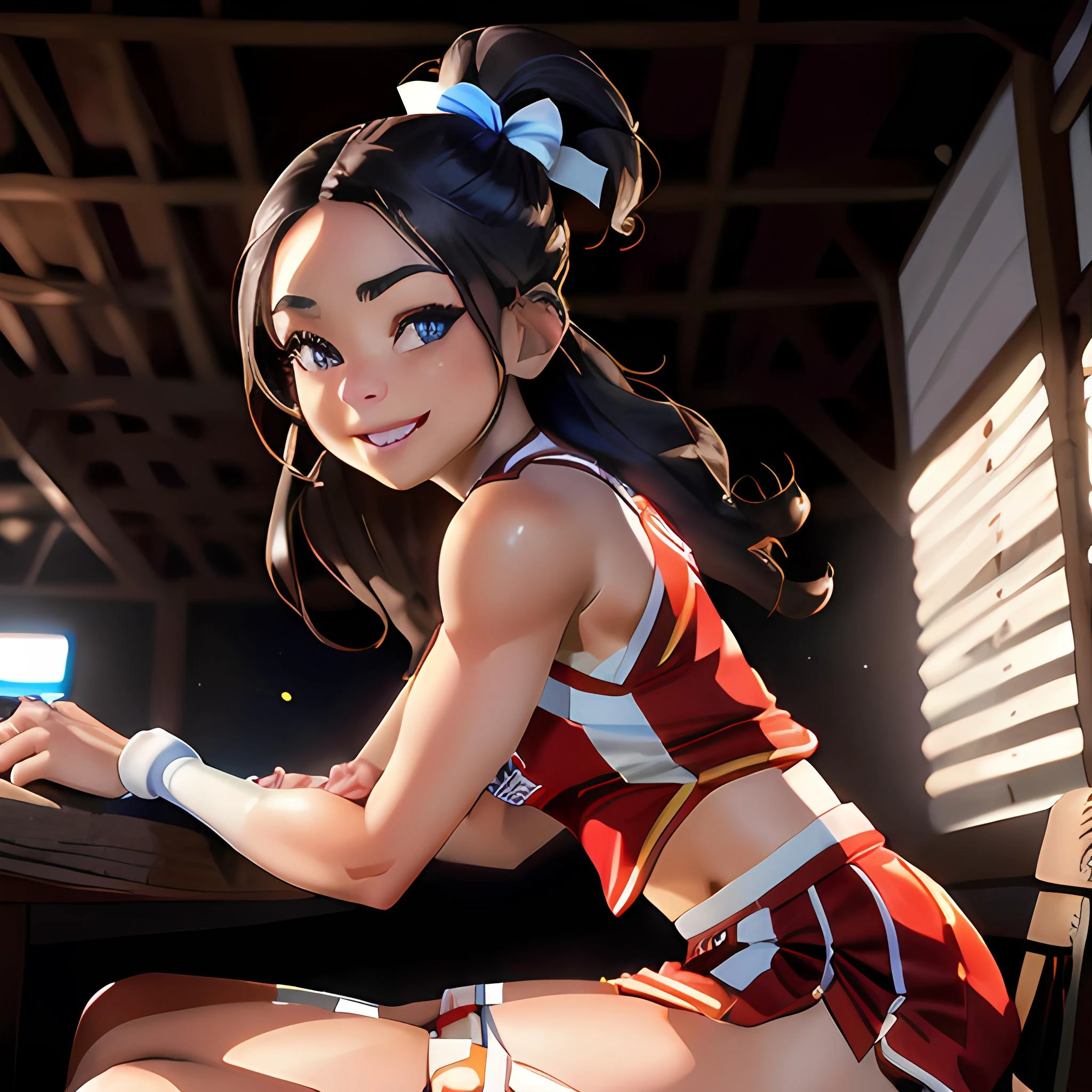 <lora:Katara-000001:0.75> <lora:moderncheeruniform:0.75> moderncheeruniform <ti:SkinDetail> <ti:HairDetail> <ti:epiCNegative> ultra realistic 8k cg, masterpiece, ultra detailed background, delicate pattern, intricate detail, highly detailed, fine details best quality, hyperdetailed face, photorealistic ,beautiful lighting, absurdres, RAW photo, film grain, , 1girl, solo, complex detailed background, cowboy shot, smile, , Katara, cheerleader uniform, holding pompoms, full body, upper body, cowboy shot, from side, sitting, crouched, kneeling, cellphonepose, holding a phone, holding a cellphone, moderncheeruniform