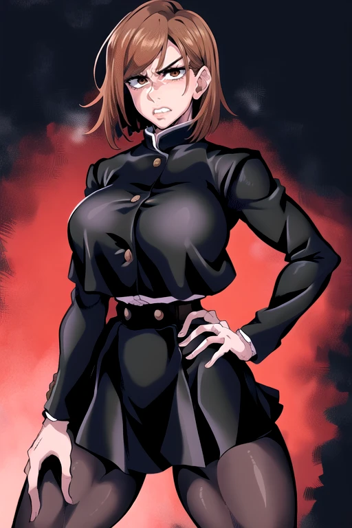 masterpiece,best quality,extreme detail,8k,image sharpness,<lora:puripuri:0.9>,aanobara,short hair,(black jacket:1.2),buttons,long sleeves,black skirt,high-waist skirt,black pantyhose,<lora:kugisaki_nobara_v1:0.8>,large breasts,cleavage,cleavage,cowboy shot,hand on hip, muscular, standing, thick thighs, angry,