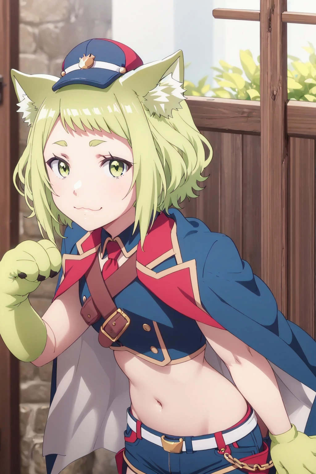 <lora:ikenaiMiaha:1>,ikenaimiaha,belt,shorts,1girl,solo,jacket,uniform,headwear,cape,animal hands,footwear,thigh boots,:3,looking_at_viewer,shame,portrait,bust,upper_body,