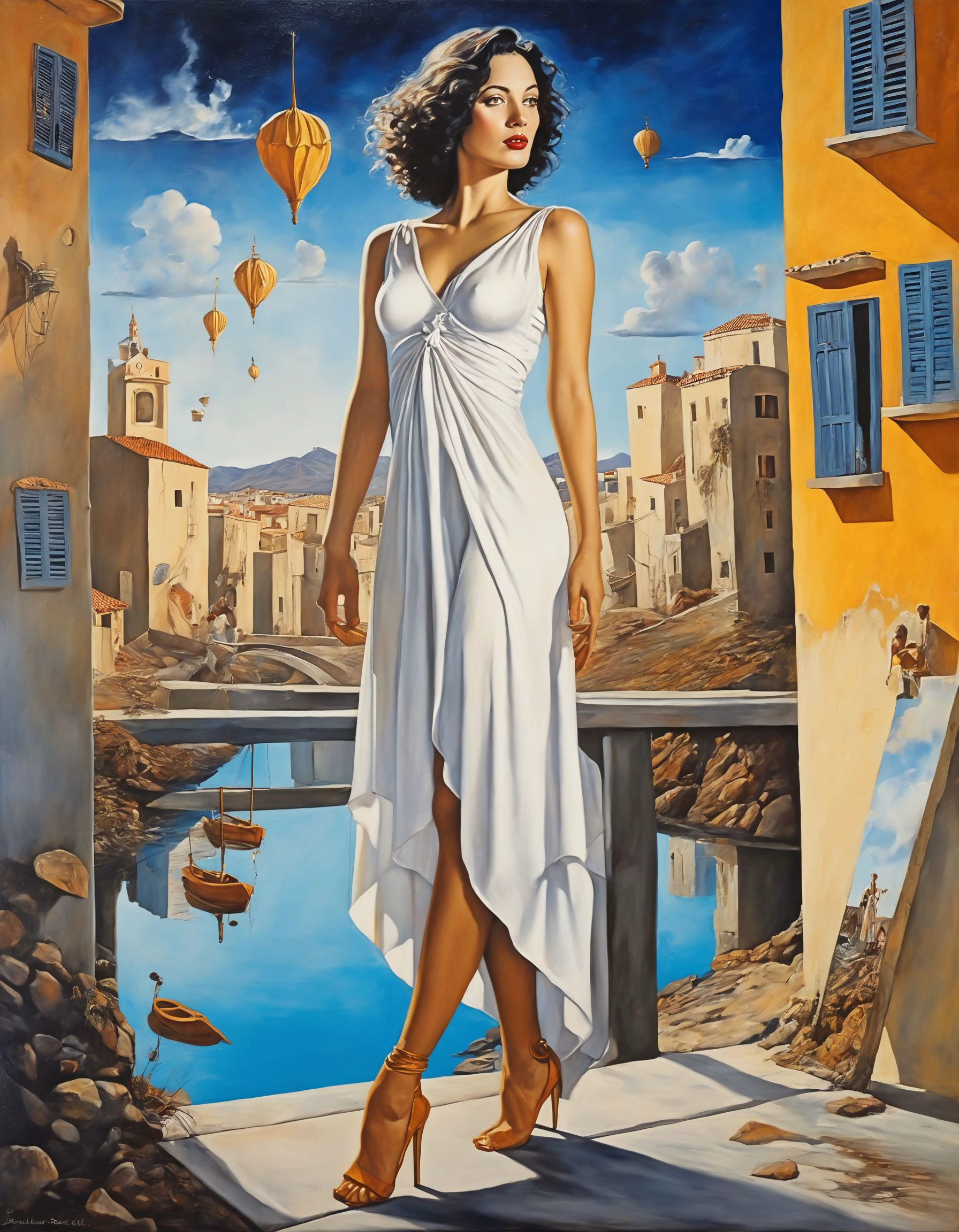 a captivating artistic portrayal of CalypsoMuseXL in an urban fantasy painting, in the style of Salvador Dali, Surreal cityscape, dreamlike atmosphere, flowing garments <lora:CalypsoMuseXL:1> timeless, enchanting