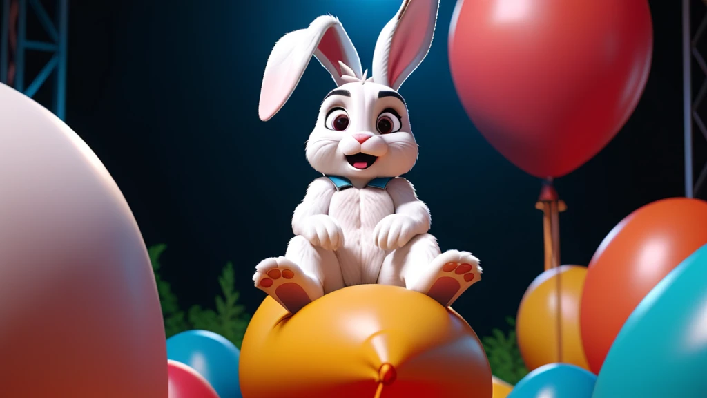 A cinematic 3D render of a cute anthro furry rabbit is sitting on a balloon. One big realistic, overinflated balloon. A stage is visible in the background.