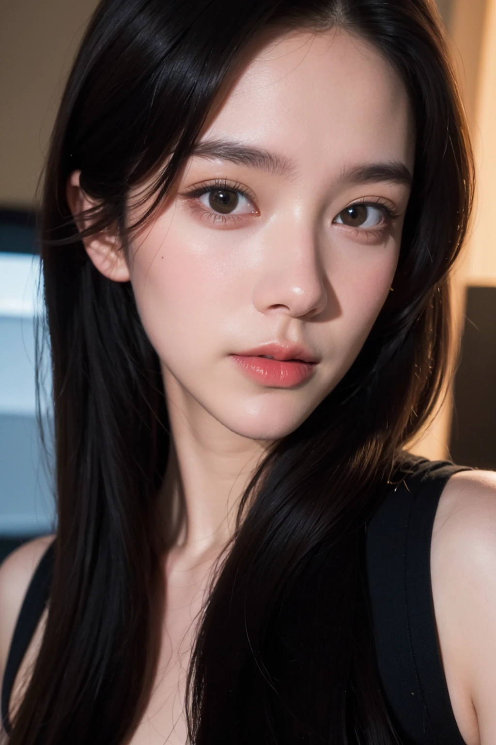 (best quality:1.4),(masterpiece:1.4),(photorealistic:1.4),(Realistic:1.2),(ultra high res, raw photo:1.4),(hdr, hyperdetailed:1.2),(8K:1.2),cinematic photo 1girl,black long straight hair,close up,sleeveless,<lora:Again_Girl_A11:1>,