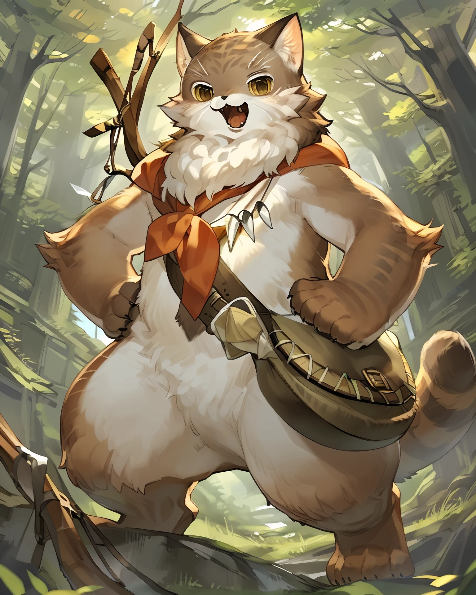 <lora:SV_Major Meowskers_a1_2_VPred:1>,
character portrait of a,anthro,chibi,majmeow,solo,hi res,
detailed background,outdoors,by kame 3,(three-quarter view),knapsack,necklace,satchel,forest,hands on hips,low-angle view,open mouth,slingshot,weapon on back,