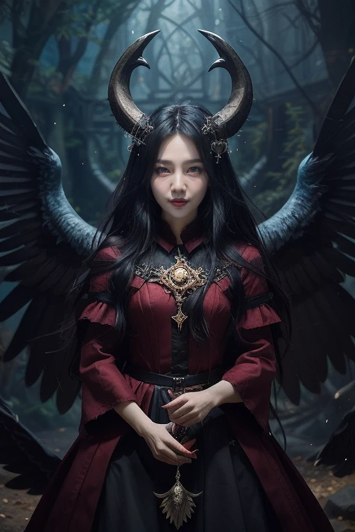 unparalleled 8K UHD professional photograph that stands as a testament to the zenith of artistic vision, set against the backdrop of a spellbinding fantasy realm. At the heart of this realm is a 19-year-old girl, a figure of sublime beauty with cascading soft black hair that glimmers like strands of starlight. Her presence is a harmonious contradiction: while her visage radiates innocence, her amazingly elegantly arched black devil horns unveil her true identity as a bona fide real demon. These devil horns, majestic yet menacing, are a perfect embodiment of her dual nature, blending seamlessly with her enchanting allure. Her pale hands, captured in exquisite detail, are not just visually striking but are also imbued with the narrative of her demonic heritage, each line and curve a whisper of her ancient lineage. By her side stands a majestic, enigmatic giant crow, a noble companion whose presence complements her own formidable essence. Their bond transcends the ordinary, radiating a joy that is both pure and deeply rooted in their shared mystical bond. The scene is bathed in a resplendent natural light that not only illuminates but also enhances the surreal elements of this otherworldly setting. The light weaves through her hair, dances around her horns, and casts a noble glow on her scary giant crow companion, against a backdrop that is vibrant and dreamlike. This composition is a masterful interplay of light and shadow, adding depth and dimension, and rendering every texture so vivid that it feels tangible. This photograph is more than a visual feast; it's an immersive experience. The viewer is not merely observing but is drawn into a world where the line between reality and fantasy blurs, touched by the beauty, mystery, and intrinsic joy of this demon girl and her mythical crow. It's a portrayal that transcends the medium, capturing the essence of their otherworldly existence in a moment frozen in time.