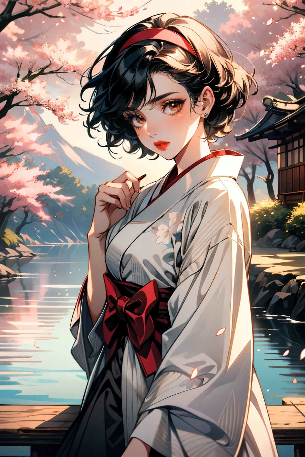 ((ultra detailed, masterpiece, best quality))
 <lora:DisneySnowWhite:0.9>
DisneySnowWhite, 1girl, solo, black hair, short hair, brown eyes, red lips, dress, hairband, bow, walking in a serene Japanese park with cherry blossoms, yukata, and a hair ornament