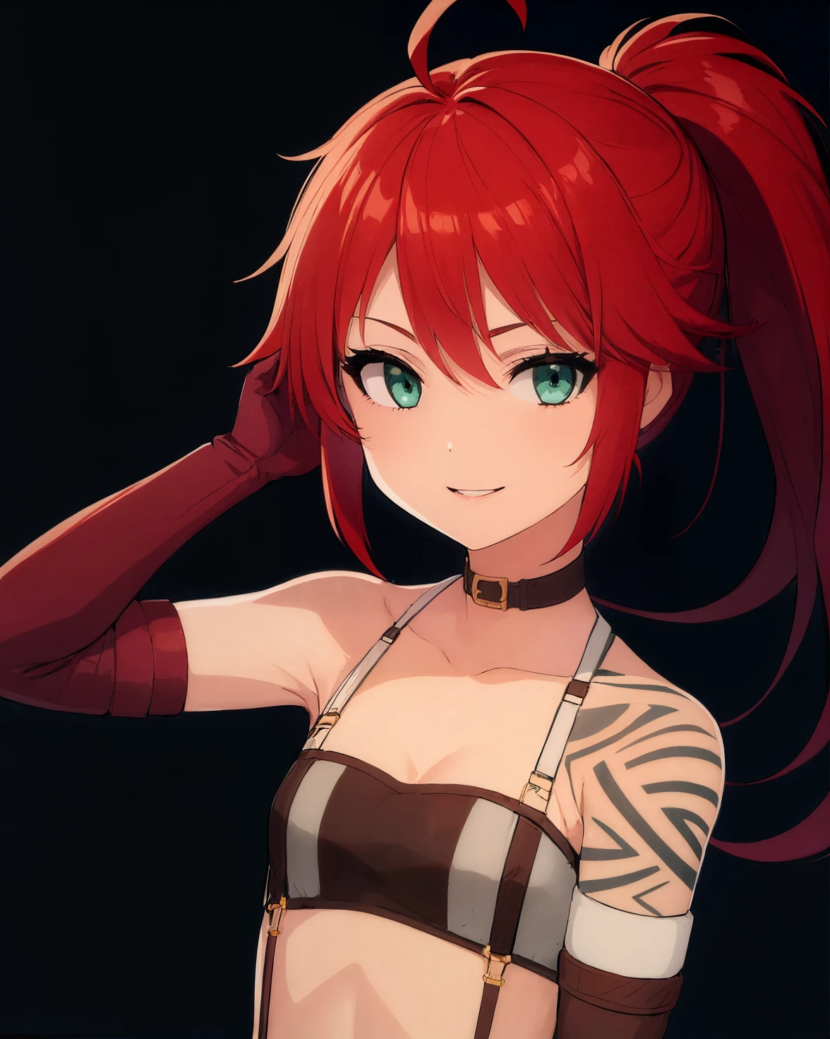 (best quality, masterpiece:1.2), illustration, absurdres, <lora:animemix_16:0.7>, <lora:clearcolor_v1.7_lbw:0.4>, <lora:boldline:-1>,
(1girl, solo, beautiful detailed girl), (upper body, portrait),
<lora:ShirleyAzure:1>, Shirley Orlando, red hair, ahoge, ponytail, aqua eyes, small breasts, green tattoo,
bandeau, choker, suspenders, short shorts, belt, gloves, thigh strap, boots, red footwear,
looking at viewer, proud, confident, smile,
(((simple background))), ((black background))
leaning against wall,