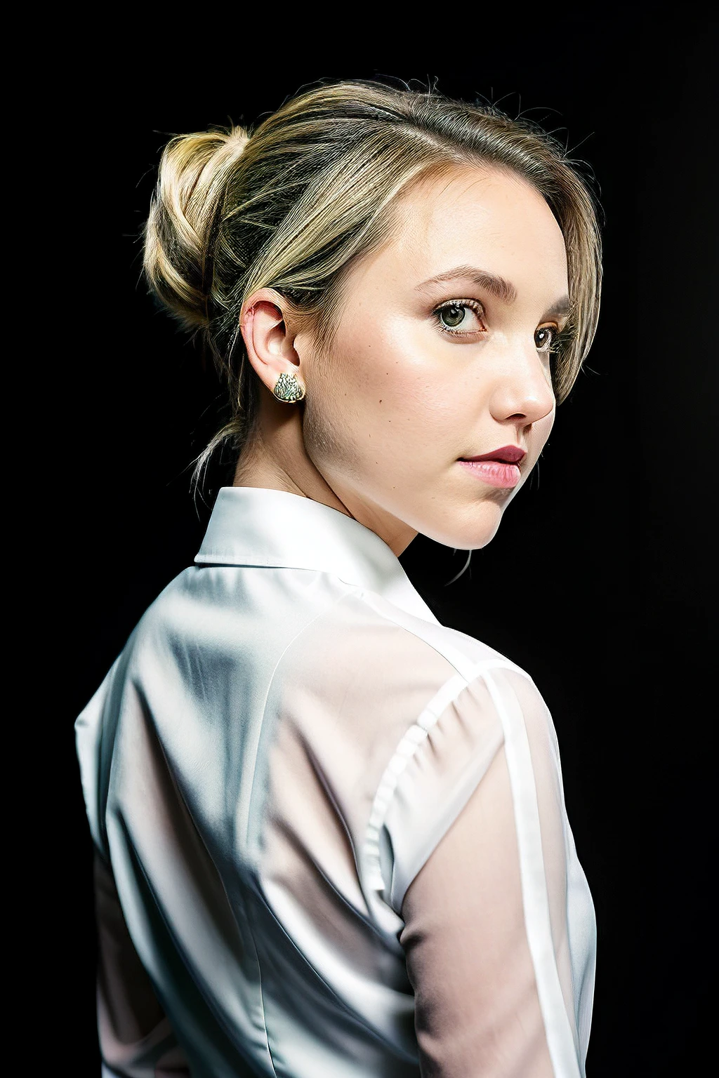 taylortomlinson, black background, blond hair, hair tied back, portrait, looking at viewer, realistic, white blouse,
<lora:TaylorTomlinsonSD:0.8>