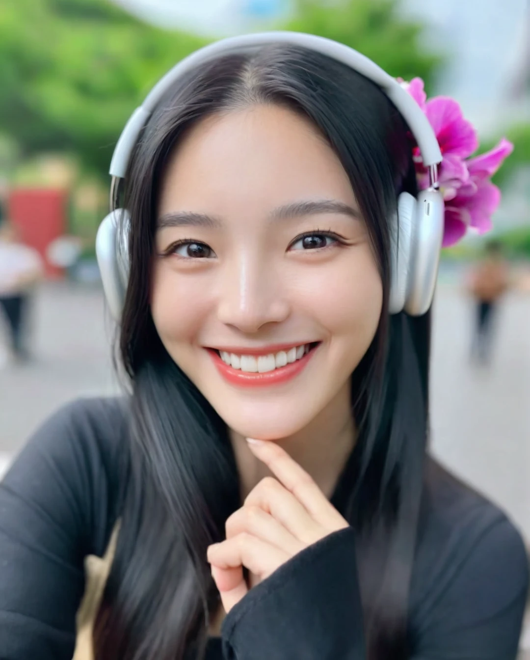 (best quality:1.4), (ultra highres:1.2), (photorealistic:1.4), (8k, RAW photo:1.2),(portrait shot:1.3), airpods_max,1girl, solo, looking at viewer, long hair, black hair, headphones, blurry background, smile, portrait,realistic, flower, Perfect Hands, <lora:neg4all_bdsqlsz_xl_V7:0.8>, <lora:Perfect Hands v2:0.8>, <lora:airpods_max-000035:0.5>
