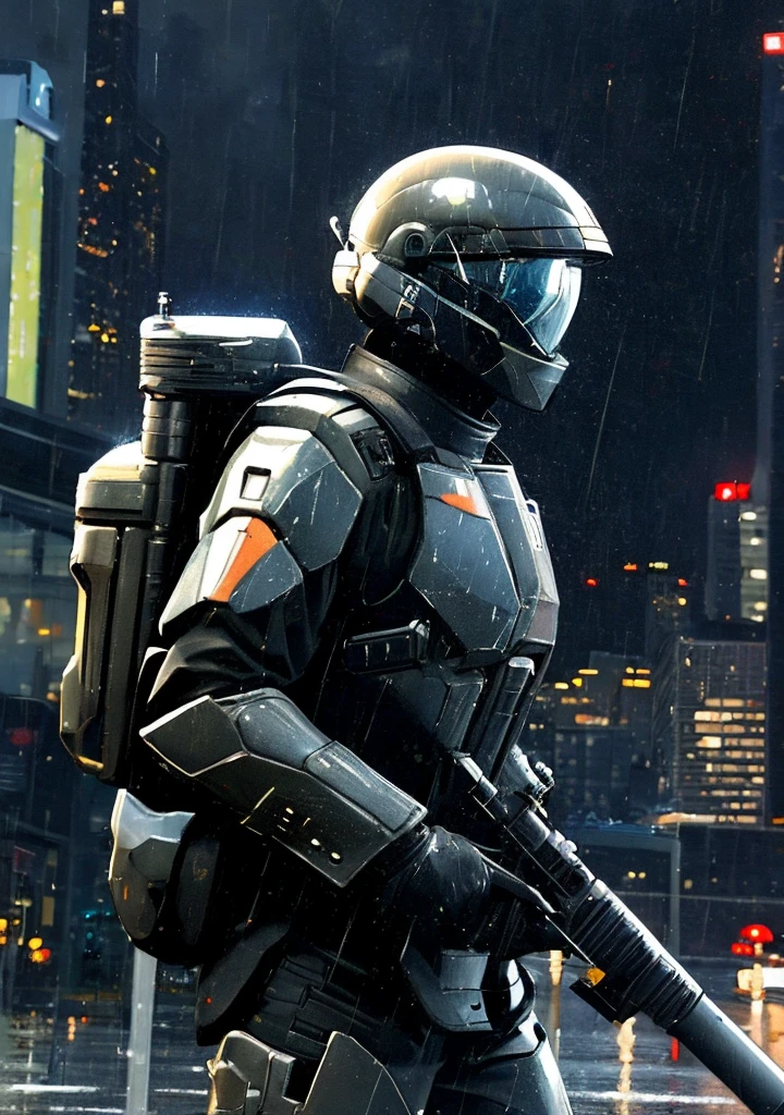 (illustration) (oil painting) an ODST wearing a helmet and holding a sniper rifle, walking, from side, outdoors, side view, night, rain, cityscape, stepping up, radio antenna, skyscraper, science fiction, sniper scope, black armor, backpack <lora:ODST-05:0.65>
