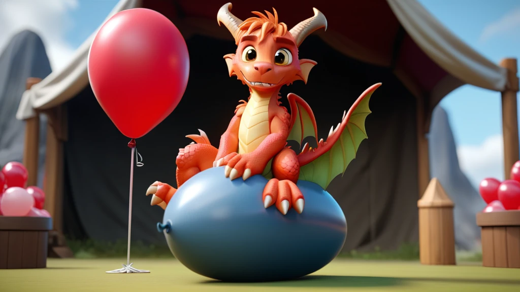 A cinematic 3D render of a cute anthro furry dragon is sitting on a balloon. One big realistic, overinflated balloon. A stage is visible in the background.