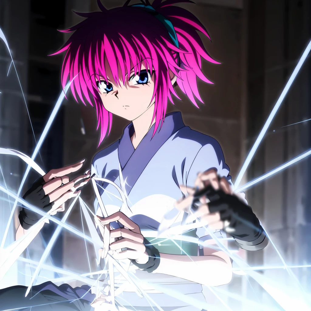 <lora:machi001:0.7>,
machi,1girl,
ponytail,
short kimono,
obi,sash,
fingerless gloves,
bike shorts,
(sewing:1.3),glowing threads,