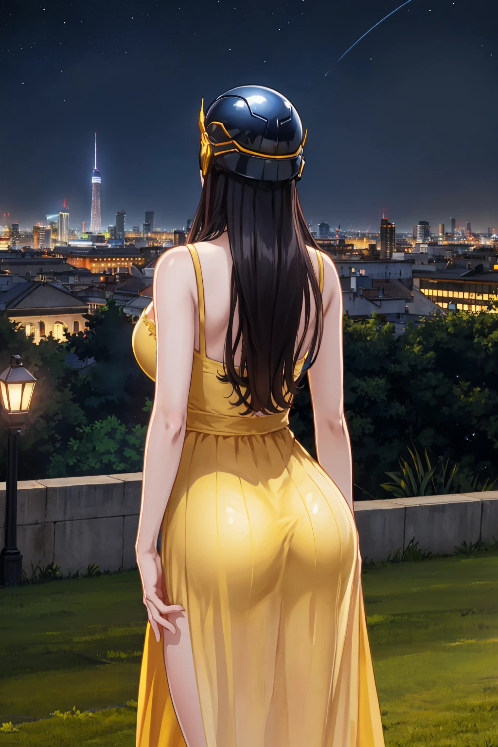 masterpiece, best quality, 1girl, solo, <lora:tmstharja-nvwls-v1-000009:0.9> tmstharja, helmet, huge breasts, (yellow sundress:1.3), from behind, garden, night sky, city skyline