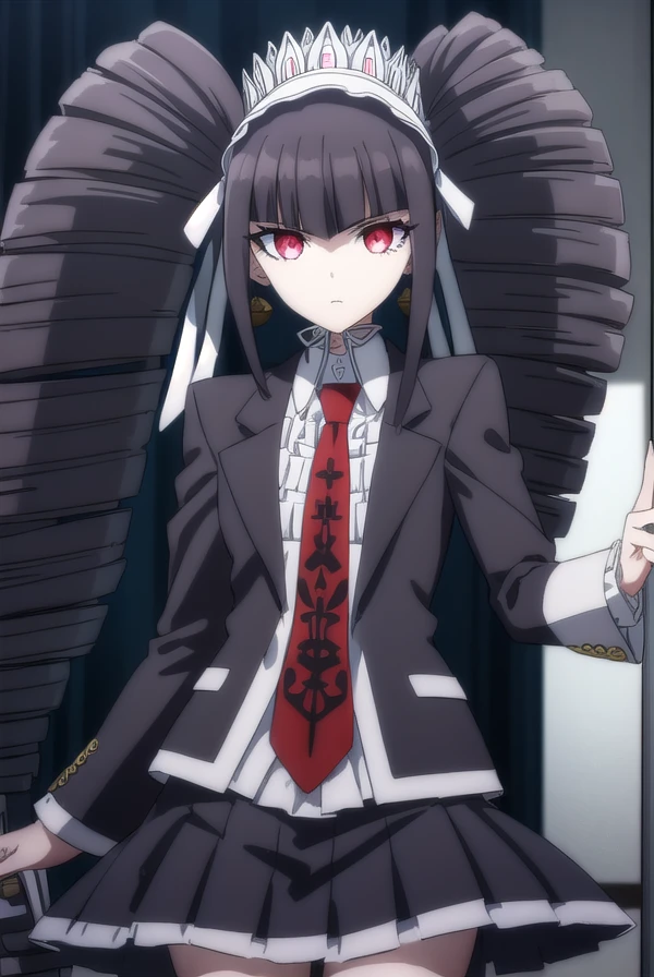 celestialudenberg, <lora:celestia ludenberg s1-lora-nochekaiser:1>,
celestia ludenberg, long hair, bangs, black hair, (red eyes:1.3), long sleeves, twintails, drill hair, twin drills,
BREAK skirt, shirt, black hair, long sleeves, jewelry, jacket, earrings, frills, necktie, black skirt, black jacket, red necktie, bonnet, print necktie,
BREAK outdoors, classroom,
BREAK looking at viewer, (cowboy shot:1.5),
BREAK <lyco:GoodHands-beta2:1>, (masterpiece:1.2), best quality, high resolution, unity 8k wallpaper, (illustration:0.8), (beautiful detailed eyes:1.6), extremely detailed face, perfect lighting, extremely detailed CG, (perfect hands, perfect anatomy),