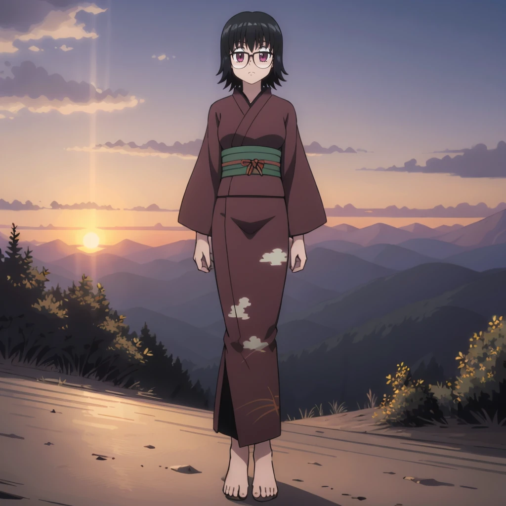 <lora:ShizukuMurasaki002:0.7>,
ShizukuMurasaki,1girl,solo,
full body,
print_kimono,mountain,sunset,outdoors,