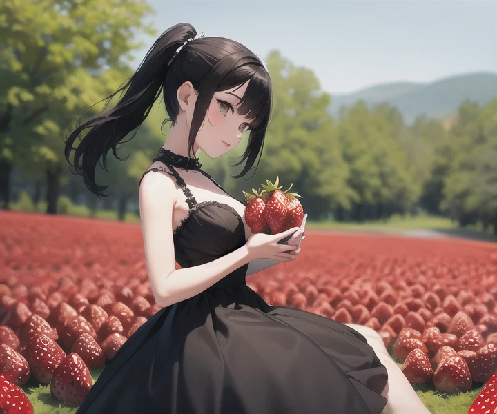 solo,Goth dress girl picking strawberries in a strawberry field