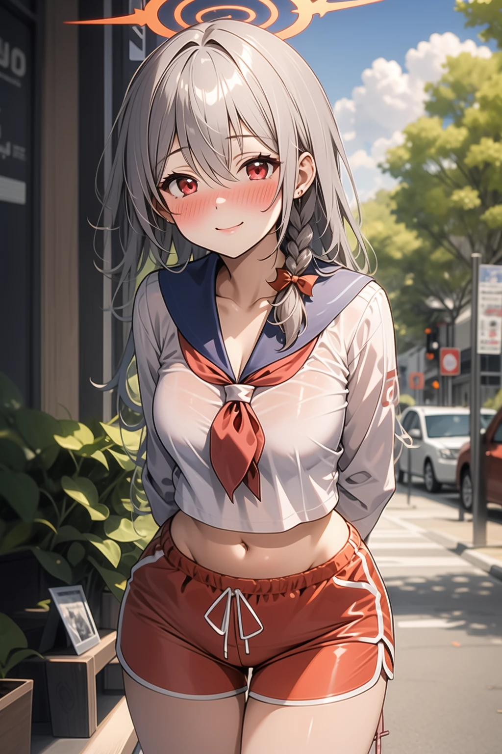 1girl, solo, outdoors, street, looking at viewer, masterpiece, best quality, high resolution, unity 8k wallpaper, (illustration:0.8), (perfect hands, perfect anatomy), (blush:1.5), shiny hair, shiny skin, kurodate haruna, long hair, grey hair, hair between eyes, red eyes, braid, tress ribbon, halo, demon wings, sailor suit, long sleeves, navel midriff, dolphin shorts, arms behind back, leaning forward