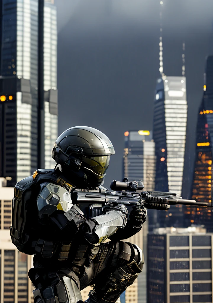 (illustration) (oil painting) an ODST wearing a helmet and holding a sniper rifle, from side, outdoors, side view, night, rain, cityscape, crouching, railing, radio antenna, skyscraper, science fiction, black armor, backpack <lora:ODST-06:0.75> <lora:LORA-XenoDetailer-v3:1> edgQuality