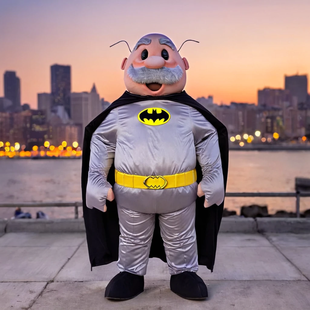 full body photo of drsimi mascot as batman, gotham city background, bokeh <lora:drsimi-000004:1>