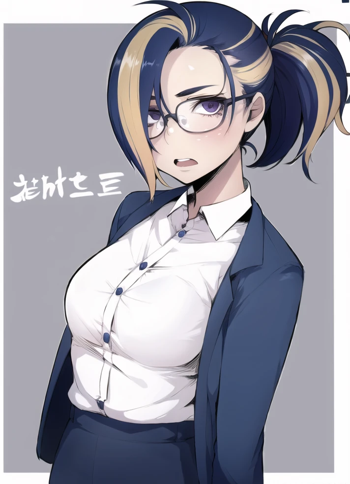 1girl, standing, upper_body, bespectacled, shiny_skin, looking_at_viewer, grey_background, open_mouth, office_clothes, white shirt, looking_at_viewer,
<lora:homebrew_vitaminless_trimmed-000006:0.7>, <lora:homebrew_ratatatat_kdaakaliround2-000006:0.7>, high_ponytail, two-tone_hair,