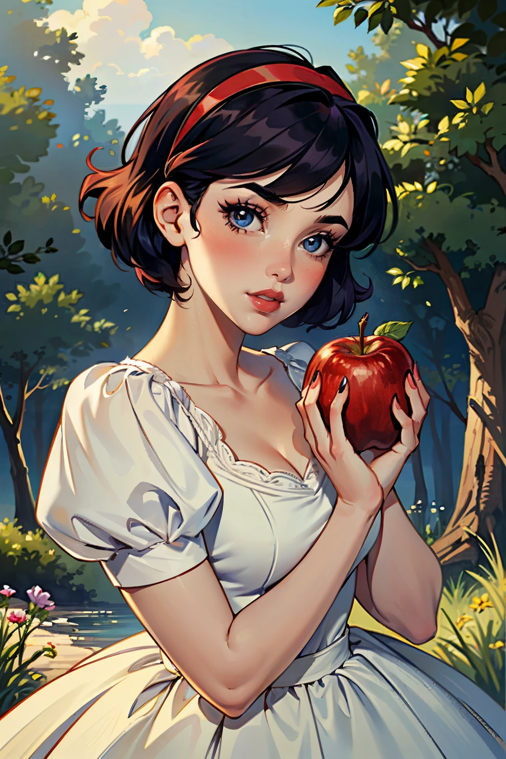 ((ultra detailed, masterpiece, best quality))
<lora:DisneySnowWhite:0.9>
DisneySnowWhite, 1girl, fruit, apple, solo, food, blue eyes, holding fruit, holding, holding food, short sleeves, bow, hairband, puffy sleeves, looking at viewer, red lips, puffy short sleeves, red bow, upper body, hair bow, makeup, lipstick, nail polish, red hairband, short hair, blush, dress, parted lips, signature, eyelashes