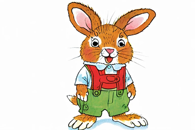 a children's book illustration of a cartoon rabbit on a white background , art by Richard Scarry <lora:Richard_Scarry_Style_XL-000006>