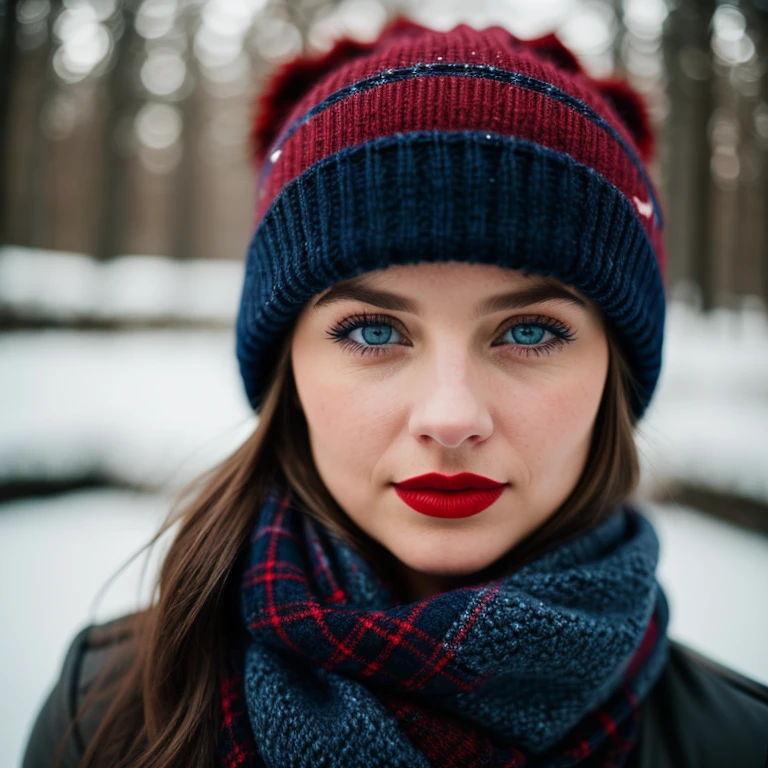 cinematic film still girl in a winter hat and scarf with blue eyes and red lipstick . shallow depth of field, vignette, highly detailed, high budget, bokeh, cinemascope, moody, epic, gorgeous, film grain, grainy