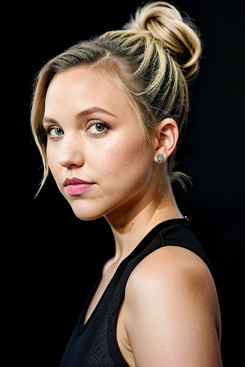taylortomlinson, black background, blond hair, hair tied back, portrait, looking at viewer, realistic,
<lora:TaylorTomlinsonSD:0.8>