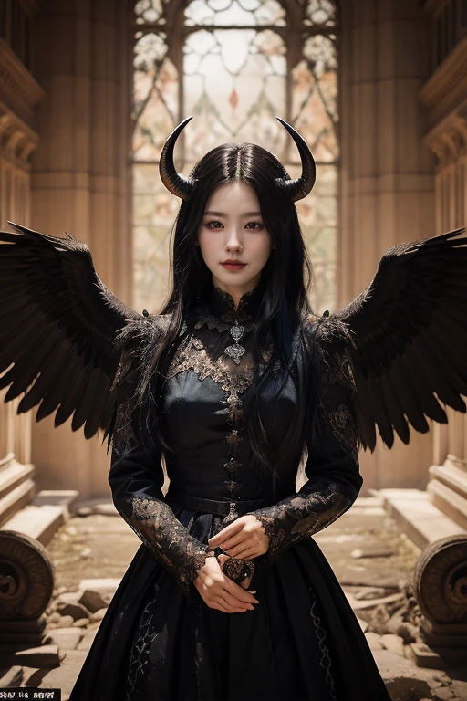 unparalleled 8K UHD professional photograph that stands as a testament to the zenith of artistic vision, set against the backdrop of a spellbinding fantasy realm. At the heart of this realm is a 30-year-old woman, a figure of sublime beauty with cascading soft black hair that glimmers like strands of starlight. Her presence is a harmonious contradiction: while her visage radiates innocence, her amazingly elegantly arched black devil horns unveil her true identity as a bona fide real demon. These devil horns, majestic yet menacing, are a perfect embodiment of her dual nature, blending seamlessly with her enchanting allure. Her pale hands, captured in exquisite detail, are not just visually striking but are also imbued with the narrative of her demonic heritage, each line and curve a whisper of her ancient lineage. By her side stands a majestic, enigmatic giant crow, a noble companion whose presence complements her own formidable essence. Their bond transcends the ordinary, radiating a joy that is both pure and deeply rooted in their shared mystical bond. The scene is bathed in a resplendent natural light that not only illuminates but also enhances the surreal elements of this otherworldly setting. The light weaves through her hair, dances around her horns, and casts a noble glow on her scary giant crow companion, against a backdrop that is vibrant and dreamlike. This composition is a masterful interplay of light and shadow, adding depth and dimension, and rendering every texture so vivid that it feels tangible. This photograph is more than a visual feast; it's an immersive experience. The viewer is not merely observing but is drawn into a world where the line between reality and fantasy blurs, touched by the beauty, mystery, and intrinsic joy of this demon girl and her mythical crow. It's a portrayal that transcends the medium, capturing the essence of their otherworldly existence in a moment frozen in time.