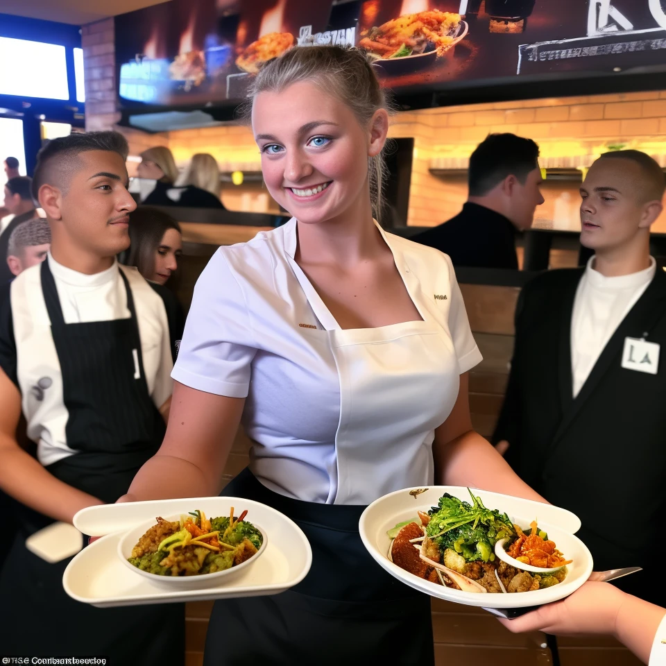 a young waitress serving a meal to a group of people from a large tray, at a restaurant,<lora:waitress:1>,