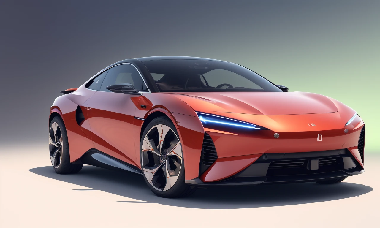 1 car ,2030,coupe, ev, future,tech,front 45 degree view , (bright background:1.4),red carpaint , masterpiece,4k,high quality,highly detailed,ultra realistic
