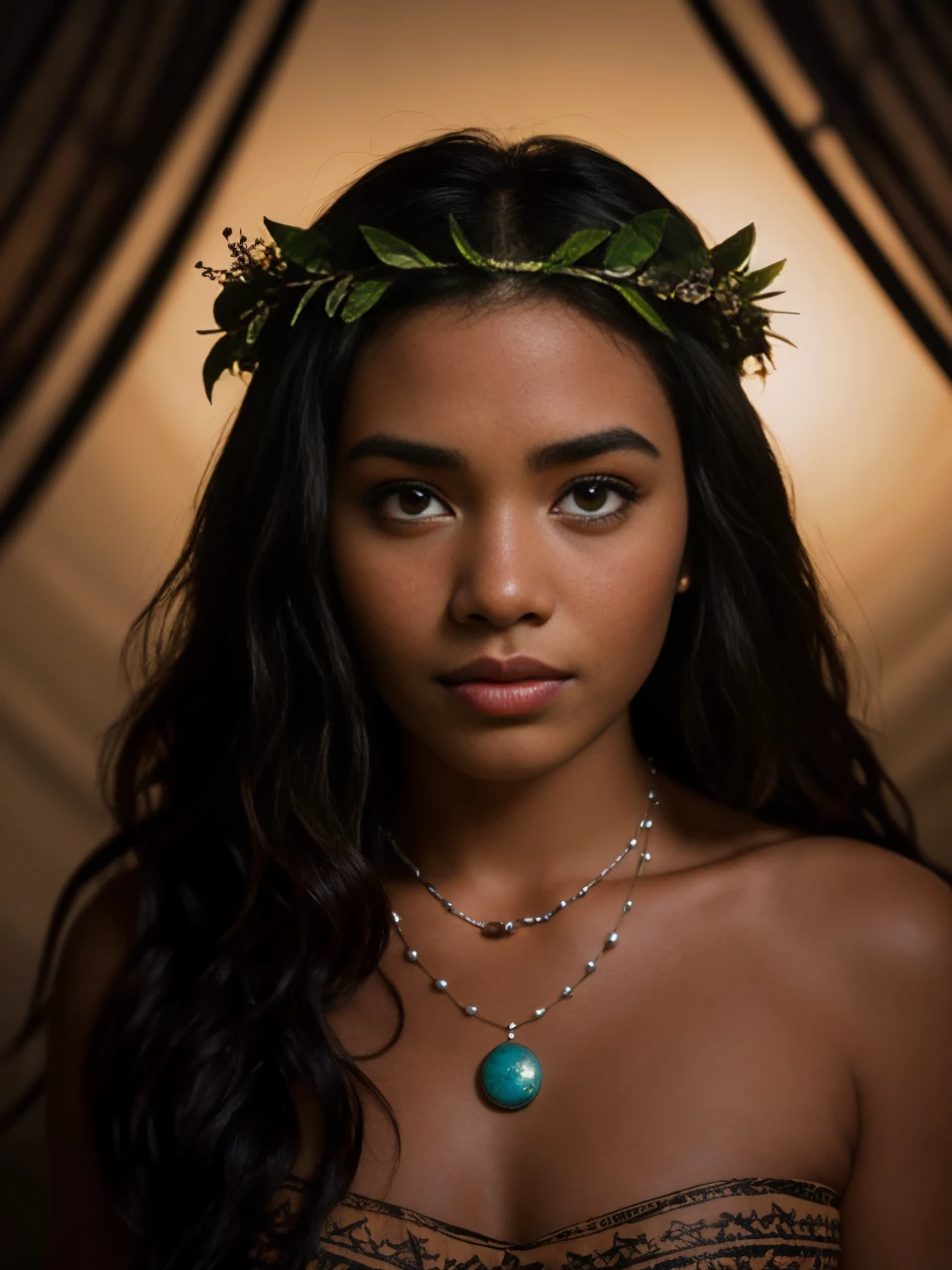 Moana cinematic portrait of night shot of photograph of woman, moana-real, 1girl, happy, in bedroom, necklace,head wreath, <lora:moana-real-v1.0-000002:1>. Dark, lit, moody, mysterious. 85mm lens, f/1.8, dramatic side lighting, moody atmosphere . Animated, Polynesian, ocean adventure, highly detailed
