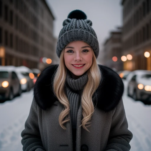 cinematic film still Beautiful blonde smiling a beautiful a woman in a black coat with fur collar and gray beanie standing in a snowy city street,moon night . shallow depth of field, vignette, highly detailed, high budget, bokeh, cinemascope, moody, epic, gorgeous, film grain, grainy