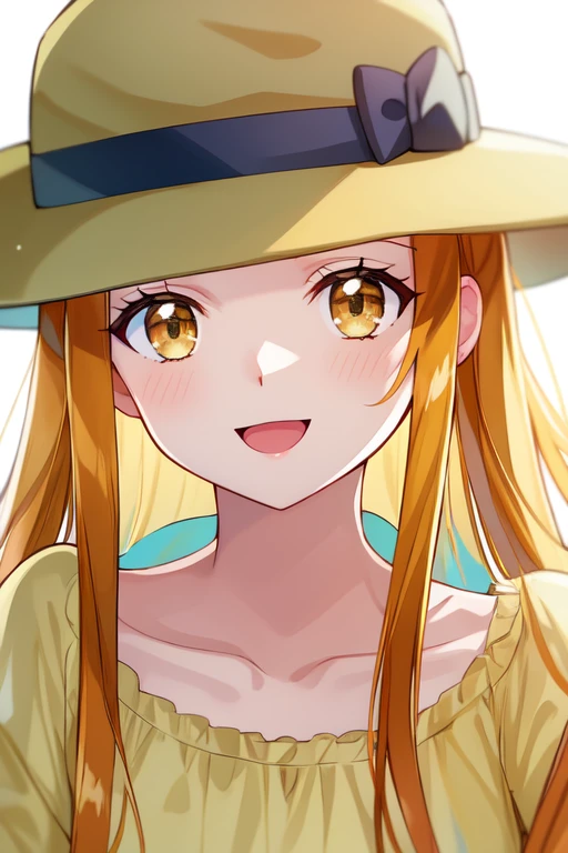 kasuganourara, long sleeves, collarbone, yellow shirt, :d, closed mouth, hat, very long hair, hair down, portrait