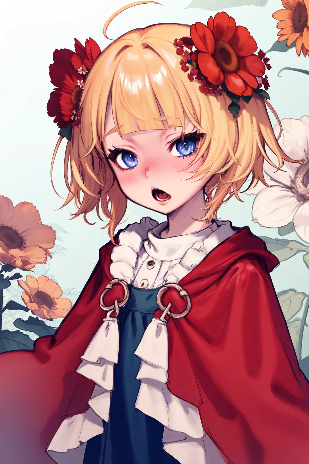 portrait, solo, 1girl, enraged, cream hair, single hair ring, dark blue eyes, red poncho, Helianthus_annuus \(flower\), floral background <lora:Nikubou_Maranoshin_style_v01.10.10.01:1>