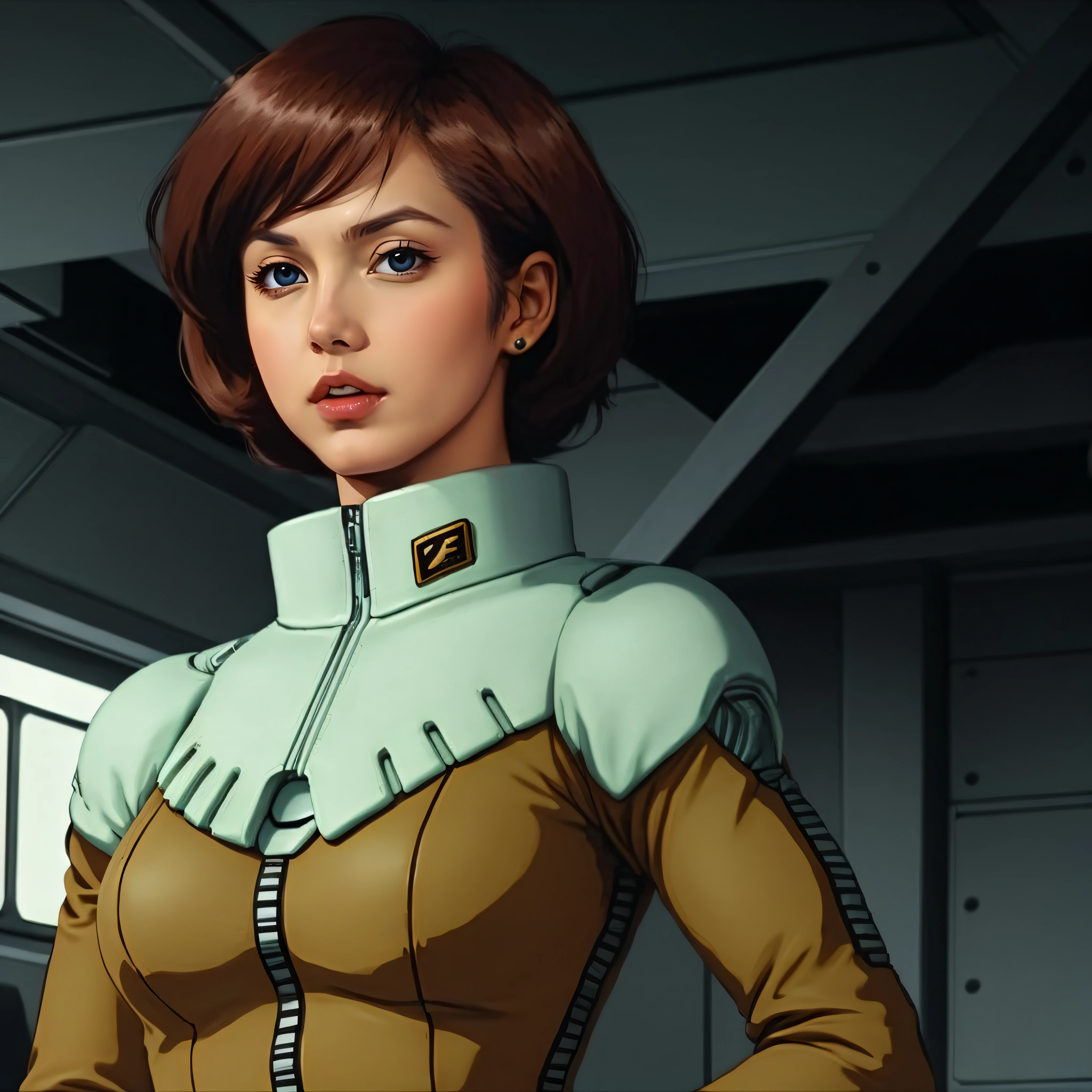 cinematic, <lora:zeon pilot aam:0.8>, zeon pilot, woman, flight suit