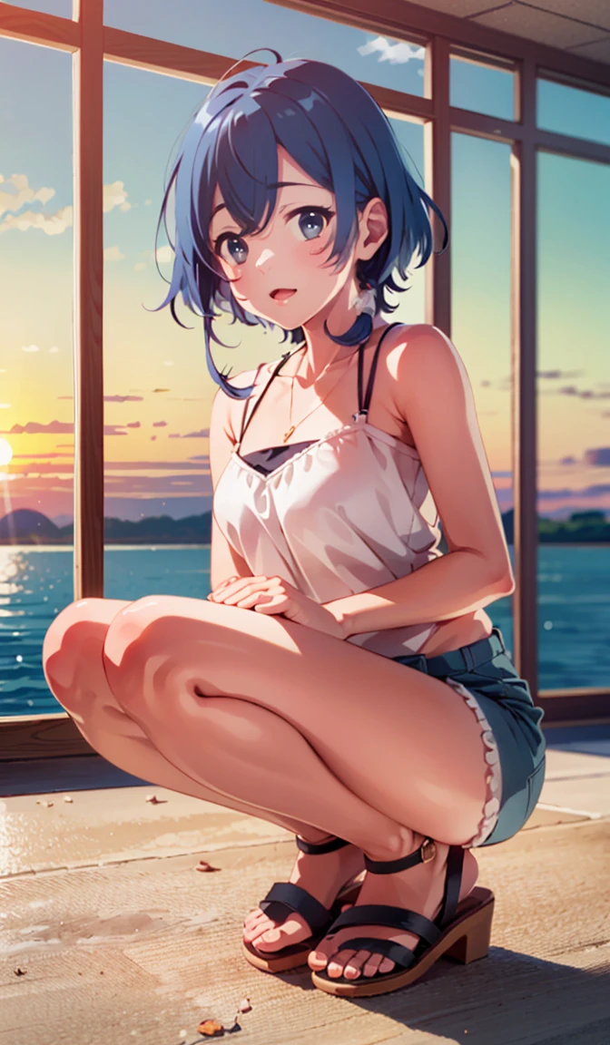 aqwskkr, 1girl, beautiful, masterpiece, 8k, full body shot, sandals, public aquarium, blue hair, hair ornament, medium length hair, white camisole, sexy, sunset, hips, legs, squatting