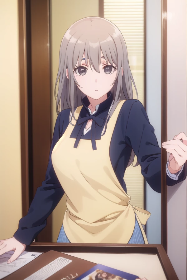 sayurimuranushi, <lora:sayuri muranushi s1-lora-nochekaiser:1>,
sayuri muranushi, long hair, brown hair, (brown eyes:1.5),
BREAK apron, waitress,
BREAK indoors, restaurant,
BREAK looking at viewer, (cowboy shot:1.5),
BREAK <lyco:GoodHands-beta2:1>, (masterpiece:1.2), best quality, high resolution, unity 8k wallpaper, (illustration:0.8), (beautiful detailed eyes:1.6), extremely detailed face, perfect lighting, extremely detailed CG, (perfect hands, perfect anatomy),