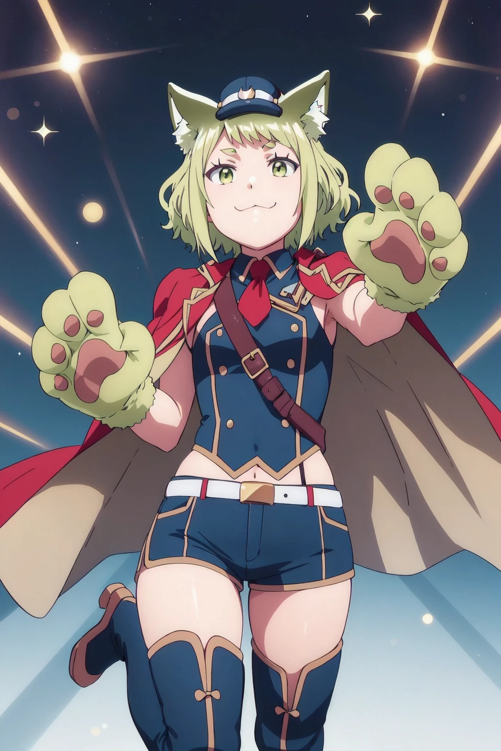 <lora:ikenaiMiaha:1>, ikenaimiaha,belt,shorts,1girl,solo,jacket,uniform,headwear,cape,animal hands,footwear,thigh boots,:3,shame,evil smile,