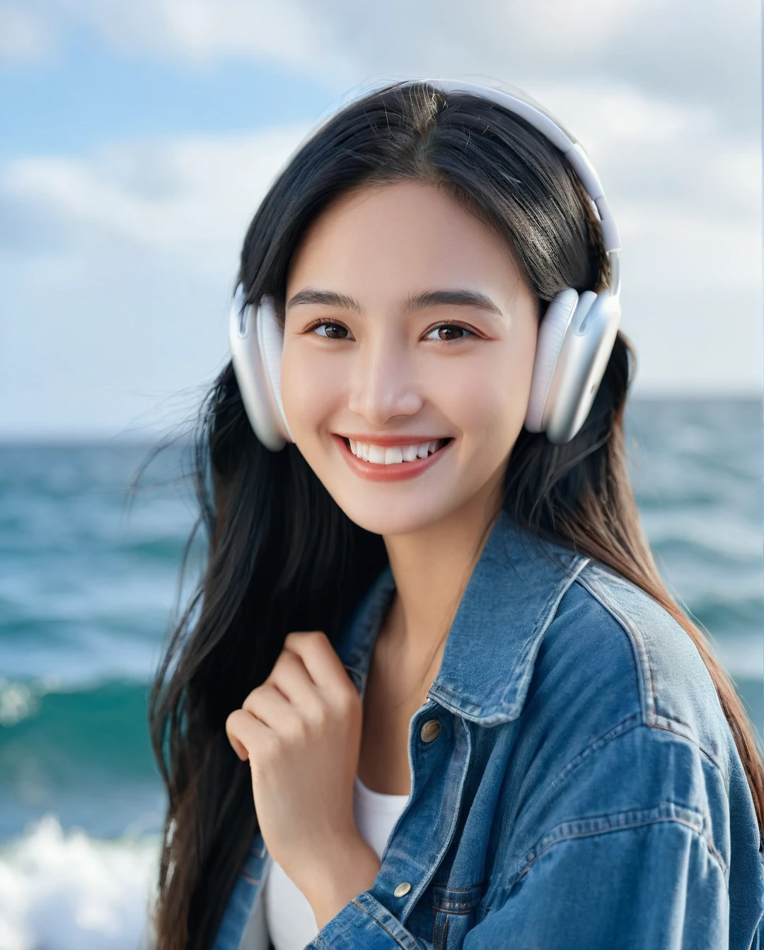 (best quality:1.4), (ultra highres:1.2), (photorealistic:1.4), (8k, RAW photo:1.2),(portrait shot:1.3), airpods_max,1girl, solo, looking at viewer, long hair, upper body, black hair, headphones, blurry background, ocean, smile, portrait,realistic, Perfect Hands, <lora:neg4all_bdsqlsz_xl_V7:0.8>, <lora:Perfect Hands v2:0.8>, <lora:airpods_max-000035:0.2>