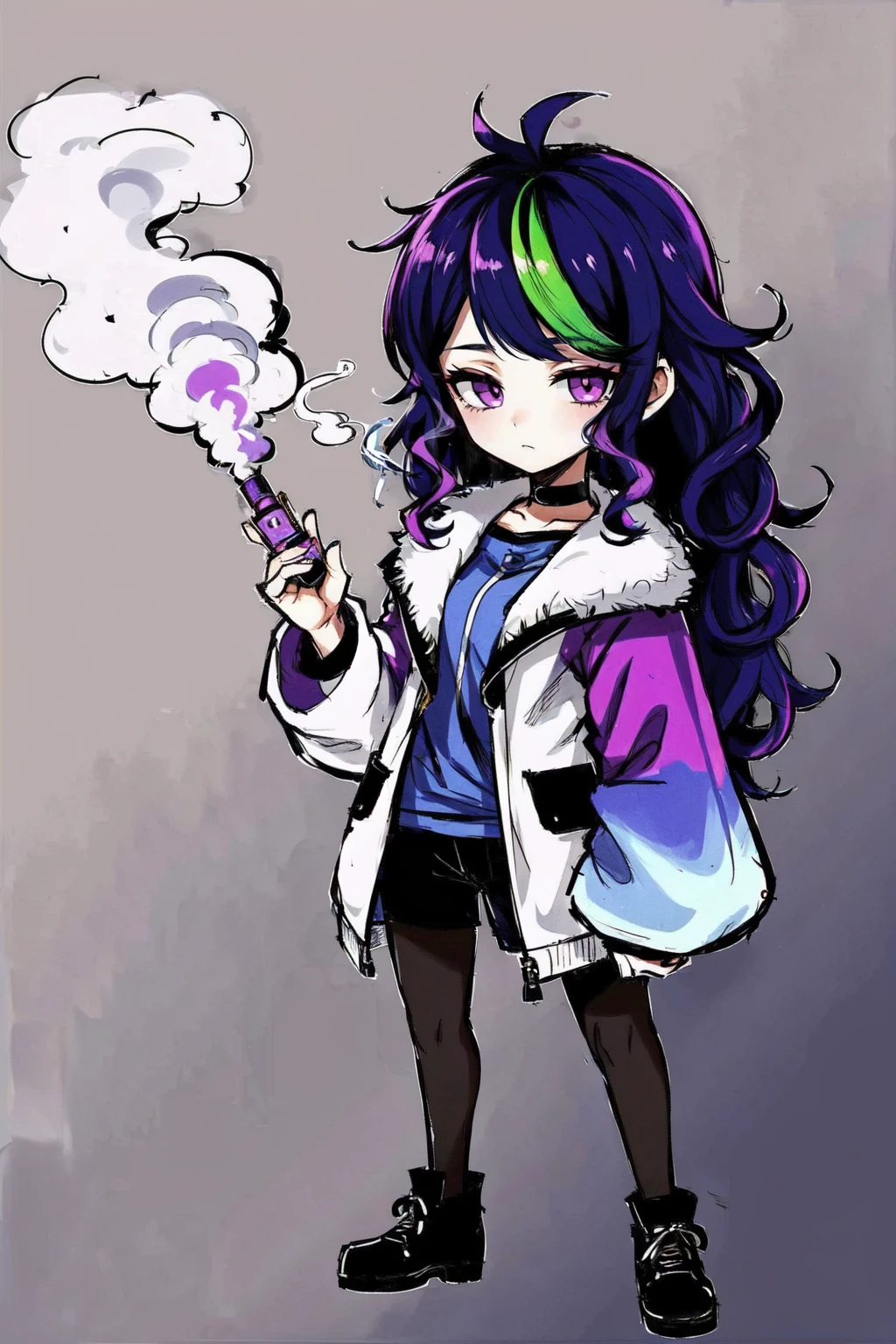 (masterpiece, highres, detailed),full body,1girl,violet eyes,curly hair,gradient blue hair,<lora:VappingV3:0.7>,vapping,rainbow smoke,holding,vape,