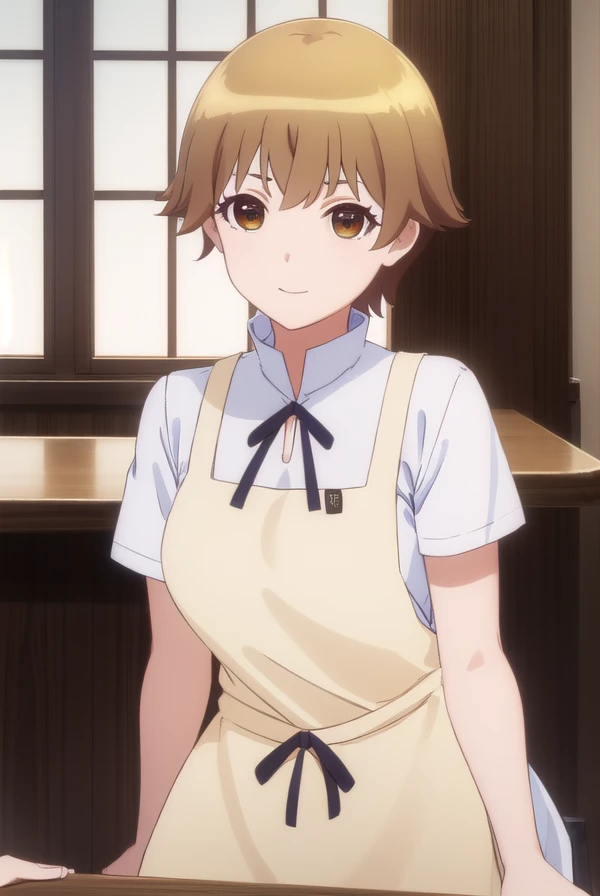 hanamiyakoshi, <lora:hana miyakoshi s1-lora-nochekaiser:1>,
hana miyakoshi, short hair, brown hair, (brown eyes:1.3), smile,
BREAK apron, waitress,
BREAK indoors, restaurant,
BREAK looking at viewer, (cowboy shot:1.5),
BREAK <lyco:GoodHands-beta2:1>, (masterpiece:1.2), best quality, high resolution, unity 8k wallpaper, (illustration:0.8), (beautiful detailed eyes:1.6), extremely detailed face, perfect lighting, extremely detailed CG, (perfect hands, perfect anatomy),