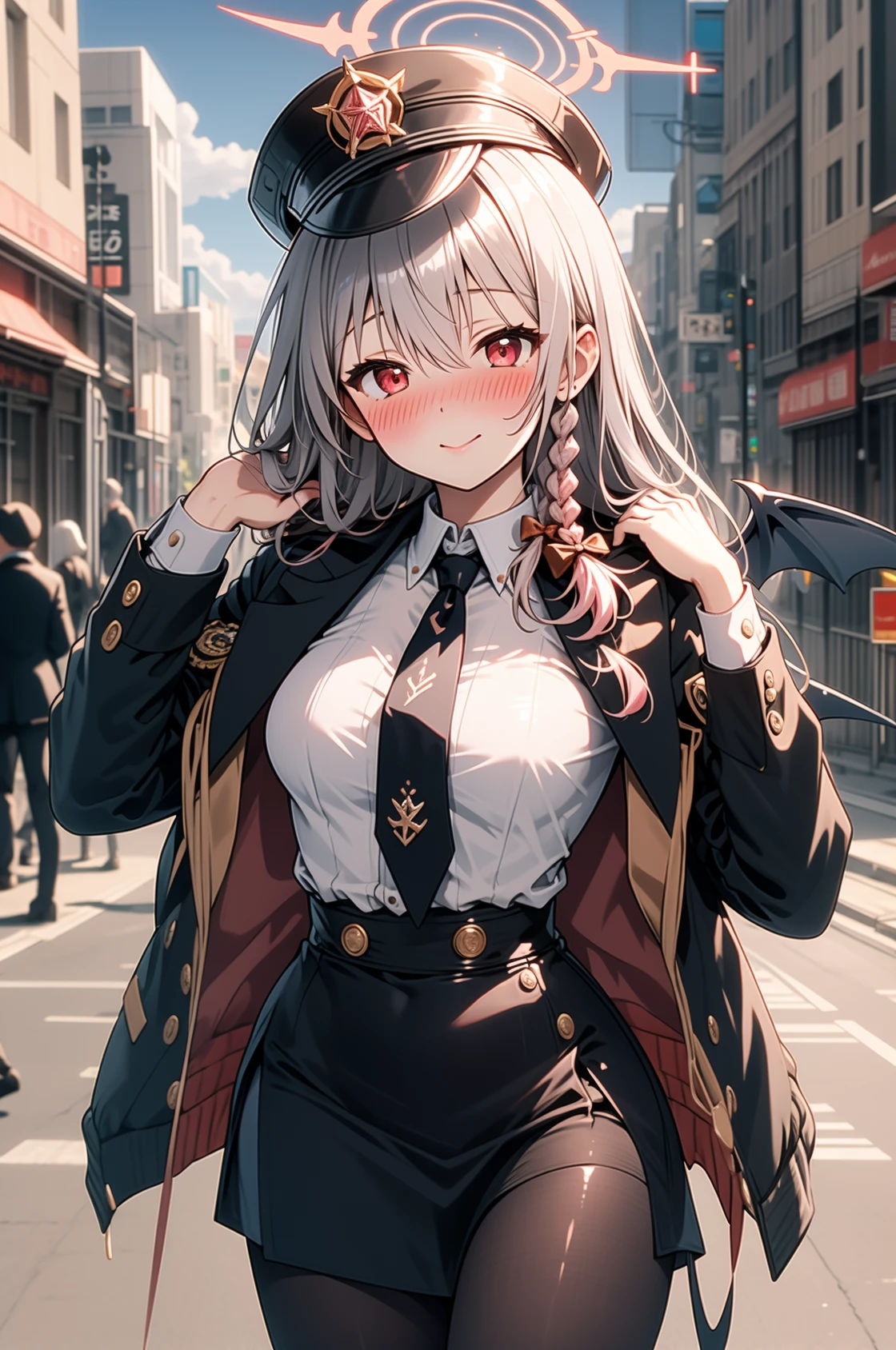 1girl, solo, outdoors, street, looking at viewer, masterpiece, best quality, high resolution, unity 8k wallpaper, (illustration:0.8), (perfect hands, perfect anatomy), (blush:1.5), shiny hair, shiny skin, kurodate haruna, long hair, grey hair, hair between eyes, red eyes, braid, tress ribbon, halo, demon wings, black jacket, white shirt, long sleeves, black necktie, black skirt, high waist, black pantyhosse, black headwear, cowboy shot, upper body