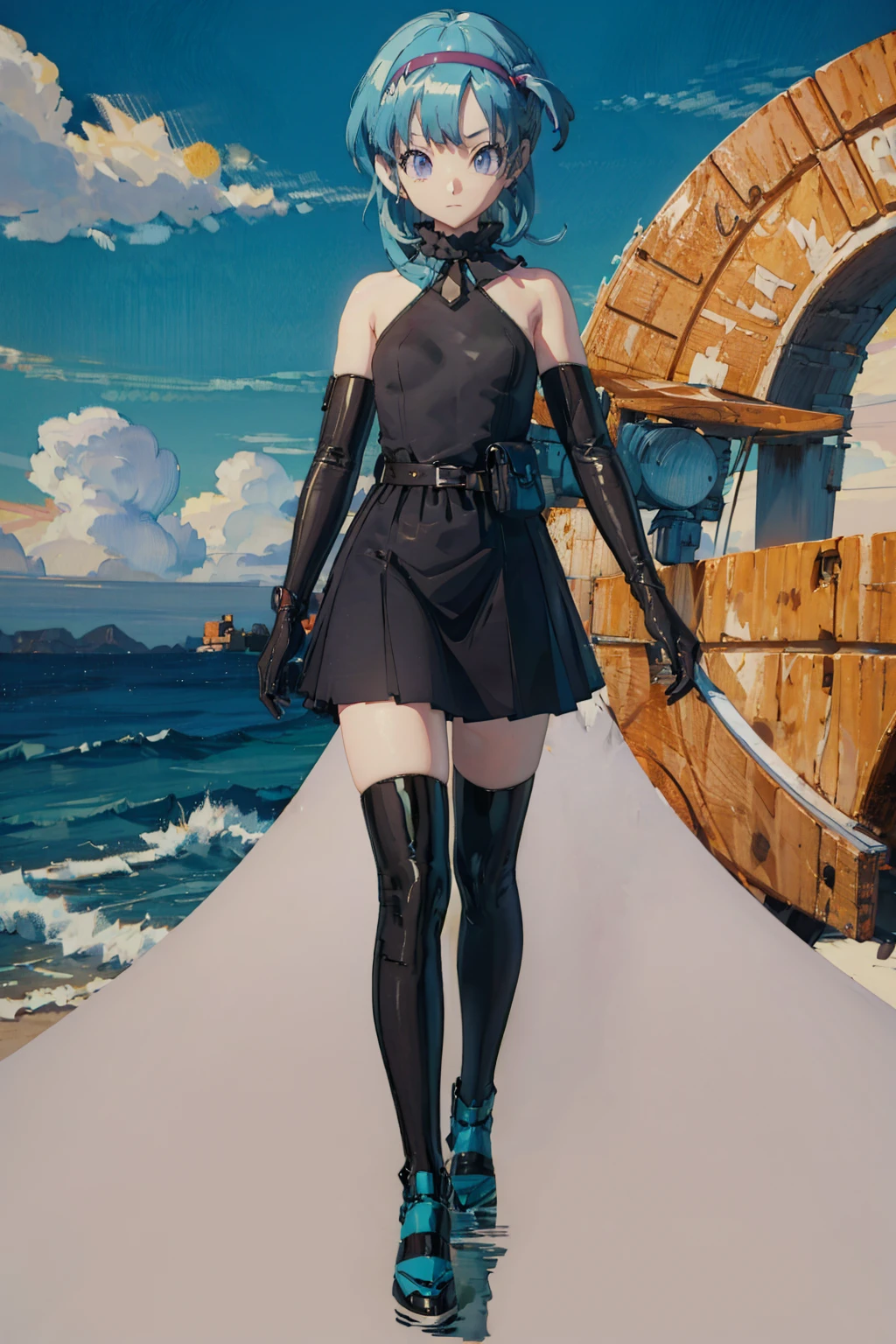 1girl,solo,full body,looking at viewer,(black dress:1.2),<lora:GhostRule_v2.0:0.6 >,neck ribbon,elbow gloves,black gloves,black thighhighs,blue hair,purple hair,purple eyes,angry,in summer,sea,beach,cowboy_shot,<lora:Better light:0.8>,<lora:bulma_v1>,dragon ball,blmmid,aqua hair,medium hair,blunt bangs,red hairband,medium breasts,, masterpiece,best quality,highres,ultra high res,(abstract art:1.2),2d,(highlydetailed),(colorful),(intenseexpression),(fashionable),