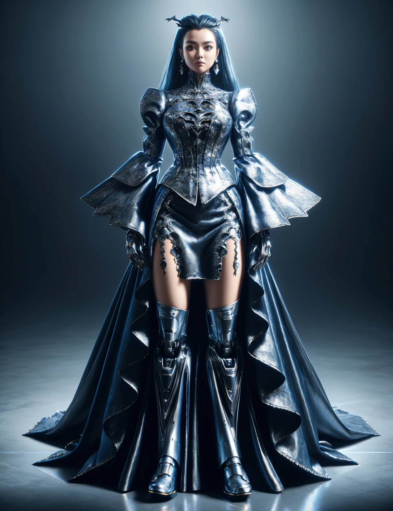 hyper detailed masterpiece, dynamic, awesome quality,DonMSt33lM4g1c loose-fitting full body clothing, robotic metal, moquette weave, batwing sleeves, asymmetrical hemline, drop waist, a-line skirt, acid wash,,color palette,front pockets,,ruffle details, <lora:DonMSt33lM4g1c-000008:0.8>